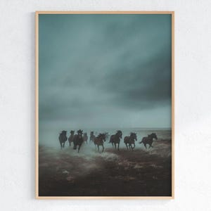 Wild Mustangs Running in Storm – Western Horse Wall Art Print, Moody Desert Lightning Landscape, Rustic Mustang Poster for Cabin or Ranch