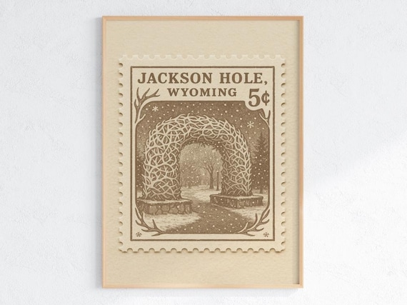 Jackson Hole Print: Vintage Elk Antler Arch, Rustic Wyoming Art