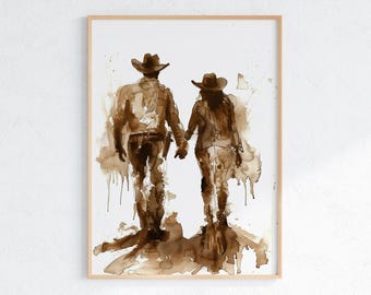 Könnte beinhalten: Aquarellmalerei eines Paares mit Cowboyhüten, die sich an den Händen halten und weggehen. Das Kunstwerk ist in Brauntönen gehalten, mit einem strukturierten, tropfenden Effekt. Das Bild ist in einem hellen Holzrahmen vor einem weißen Hintergrund gerahmt.