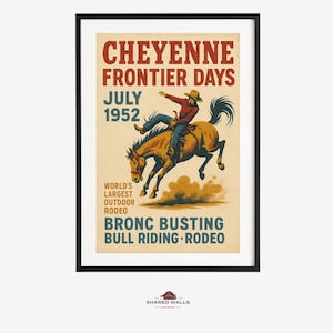 Póster de los Días de la Frontera Cheyenne de 1952: Impresión vintage de rodeo del oeste, arte mural vaquero, decoración rústica del oeste