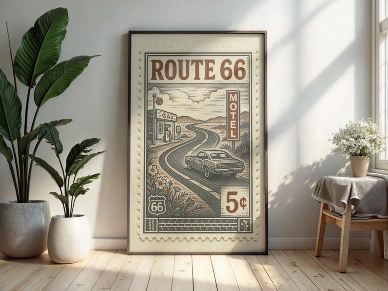 May include: Framed Route 66 vintage-style print. The artwork features a classic car driving on a winding road, with a gas station and motel sign. The print is in sepia tones with the text "ROUTE 66" and a 5&cent; price tag.