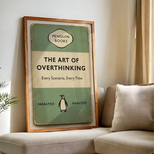 The Art of Overthinking Poster – Funny Penguin Book Parody | Digital & Physical Print | Anxiety Humor, Vintage Mental Spiral Art