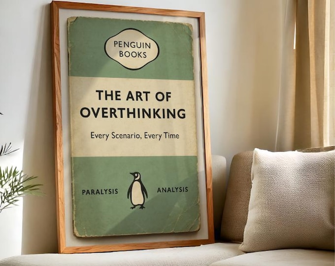 The Art of Overthinking Poster – Funny Penguin Book Parody | Digital & Physical Print | Anxiety Humor, Vintage Mental Spiral Art