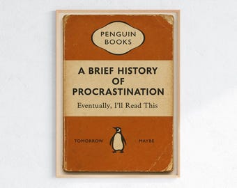 Funny Penguin Book Poster: Procrastination Parody, Vintage Satire (Digital or Physical Print Available)