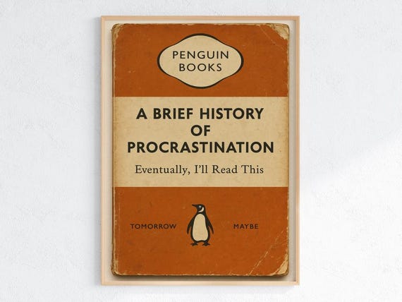 Funny Penguin Book Poster: Procrastination Parody, Vintage Satire (Digital or Physical Print Available)