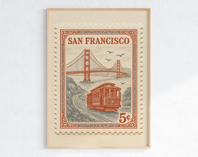 Vintage San Francisco Travel Poster: Golden Gate Bridge & Cable Car