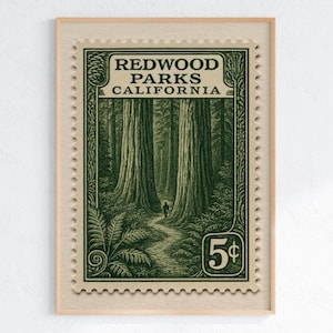 Poster timbre vintage Redwood Parks - oeuvre d&#39;art murale de voyage rétro en Californie - grands arbres, randonnée et impression de la nature pour les amoureux des parcs nationaux