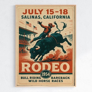 Salinas Rodeo 1954 Poster – Bull Riding Wall Art, Vintage California Cowboy Print, Western Rodeo Decor