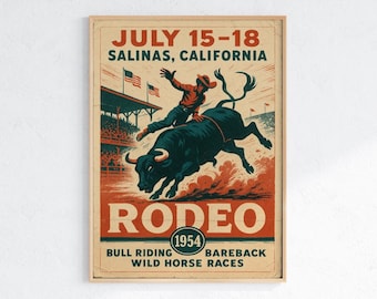 Salinas Rodeo 1954 Poster – Bull Riding Wall Art, Vintage California Cowboy Print, Western Rodeo Decor