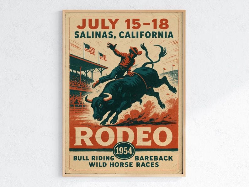 Salinas Rodeo 1954 Poster – Bull Riding Wall Art, Vintage California ...