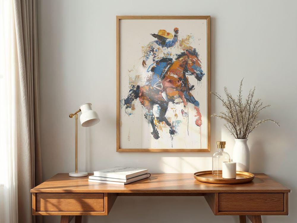 Rodeo Cowboy Art Print, Bucking Horse Western Wall Decor, Abstract ...