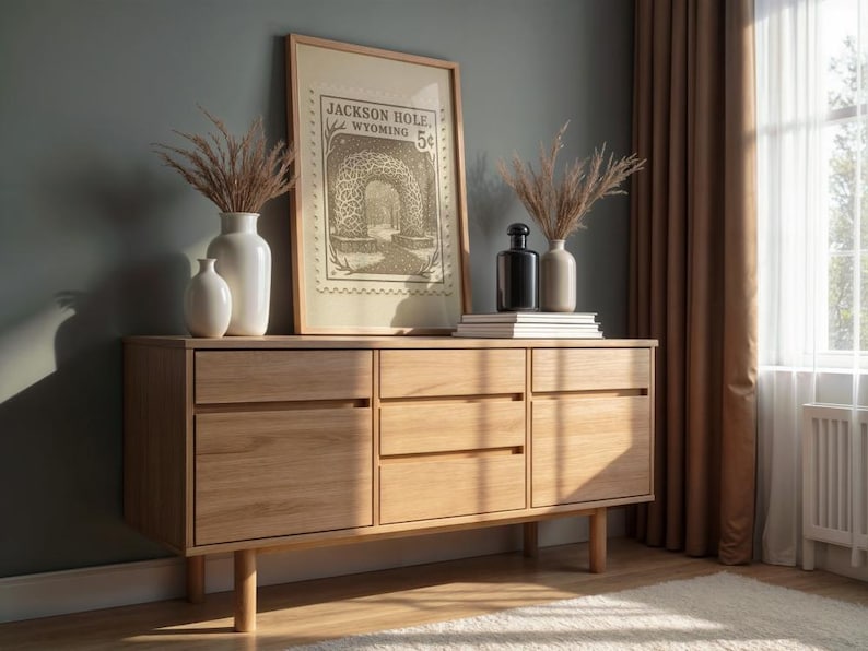 May include: A light-colored wooden sideboard with three drawers and two cabinet doors. The sideboard is topped with a framed print, vases, and books. The print reads "Jackson Hole Wyoming 5&cent;".