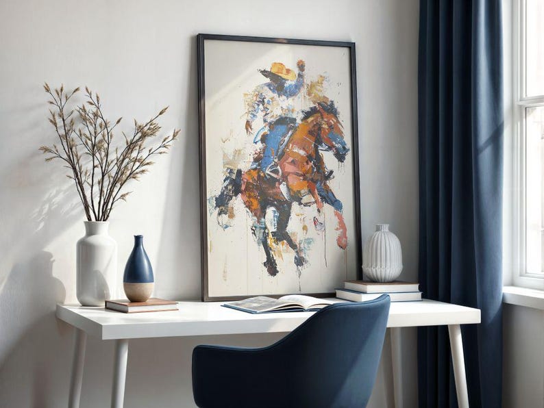 Rodeo Cowboy Art Print, Bucking Horse Western Wall Decor, Abstract ...