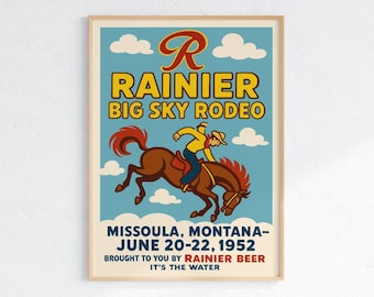 Plakat z filmu „Rainier Big Sky Rodeo”, wydruk kowboja z Missoula w Montanie z 1952 r., sztuka rodeo w stylu vintage, wystrój retro piwa Rainier w stylu western