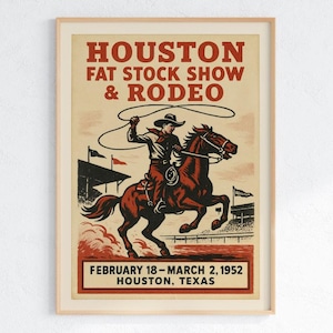 Houston Rodeo 1952 Poster – Vintage Western Cowboy Art Print, Fat Stock Show Wall Decor, Texas Rodeo Memorabilia (Digital + Physical)