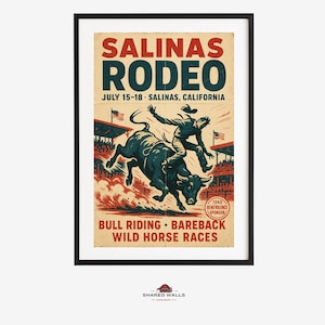 Salinas Rodeo 1954 Poster – Bull Riding Wall Art, Vintage California Cowboy Print, Western Rodeo Decor