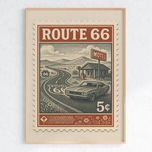 Route 66 Vintage Stamp Poster – Retro Road Trip Wall Art – Classic Car, Motel + Gas Station Print for Americana & Travel Lovers