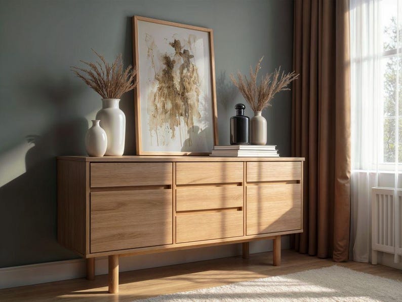 May include: A light oak sideboard with three drawers and three doors. The sideboard is topped with a framed abstract art print, vases, and books. The room has a neutral colour palette with a window and curtains.