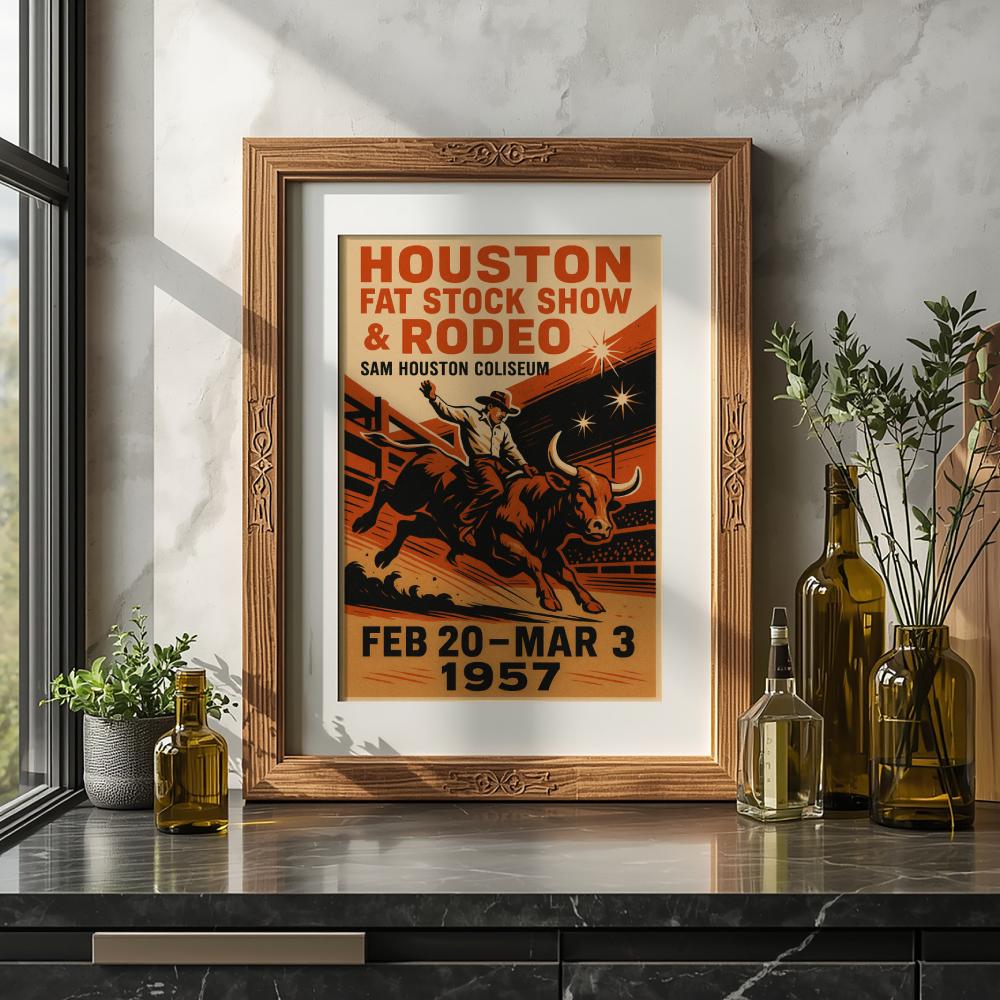 Houston Rodeo Poster 1957 – Vintage Western Wall Art, Bull Riding