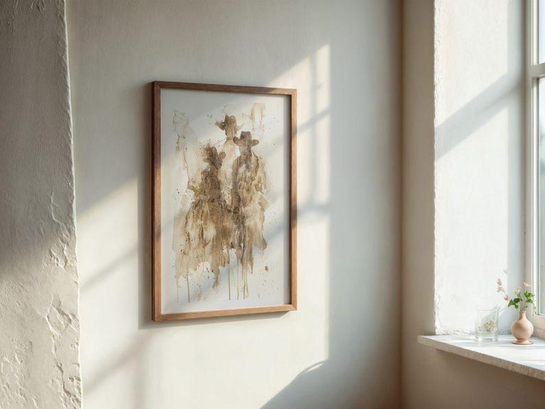 May include: Abstract watercolour painting of three figures in cowboy hats, framed in natural wood. The artwork features shades of brown and beige, creating a rustic aesthetic. The framed art is displayed on a white wall.