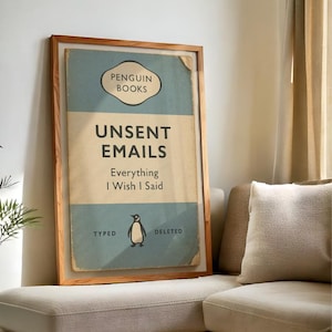 Póster de correos electrónicos no enviados: divertida parodia del libro de Penguin / Impresión digital y física / Humor sobre el exceso de pensamiento, arte de comunicación vintage
