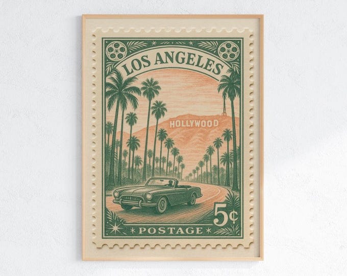Vintage Los Angeles Stamp Art Print: Retro Hollywood Convertible - California Wall Decor