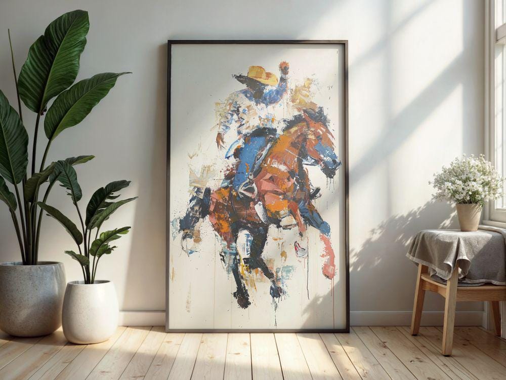 Rodeo Cowboy Art Print, Bucking Horse Western Wall Decor, Abstract ...