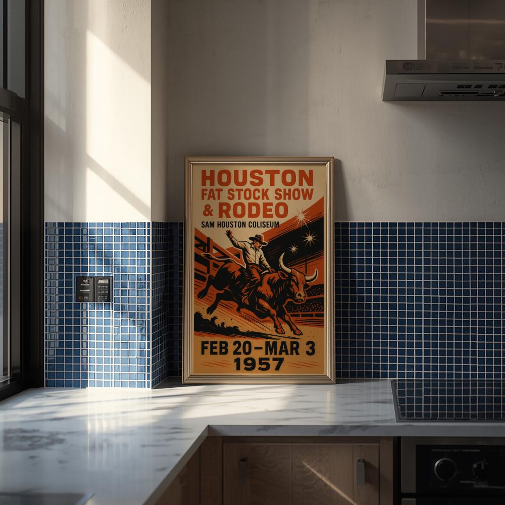 Houston Rodeo Poster 1957 – Vintage Western Wall Art, Bull Riding