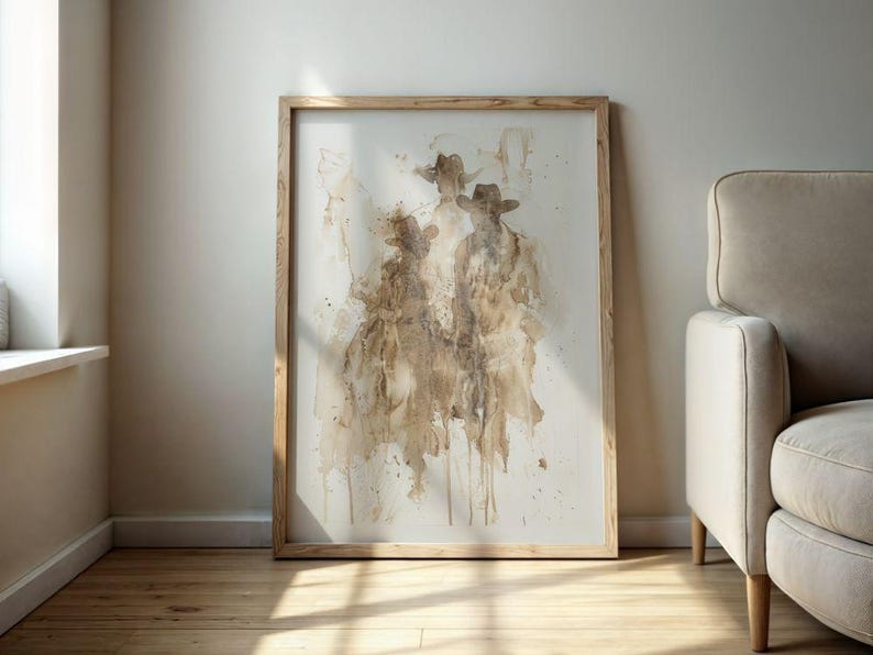 May include: Abstract art print depicting three figures in cowboy hats, in shades of brown and beige. The artwork is framed in a light wood frame and leans against a neutral wall, creating a rustic aesthetic.