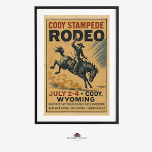 Poster del Cody Rodeo del 1950 – Stampa d'epoca della città di Buffalo Bill, Wyoming Rodeo Wall Art, Poster del Cowboy Bronc