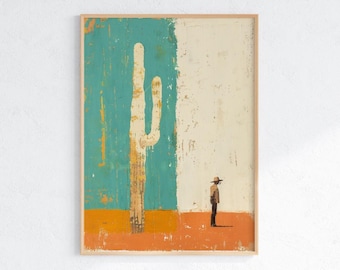 Könnte beinhalten: Abstrakter Kunstdruck mit einem großen weißen Kaktus vor einem türkis-cremefarbenen Hintergrund. Am unteren Rand befindet sich ein orangefarbener Landstreifen mit einer Figur einer Person mit Cowboyhut. Das Kunstwerk ist in hellem Holz gerahmt.