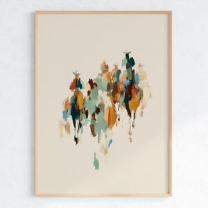 May include: Abstract art print depicting riders on horseback, created with a loose, painterly technique. The artwork uses a palette of muted colours, including teal, orange, and brown, set against a cream background, framed in a light wood.