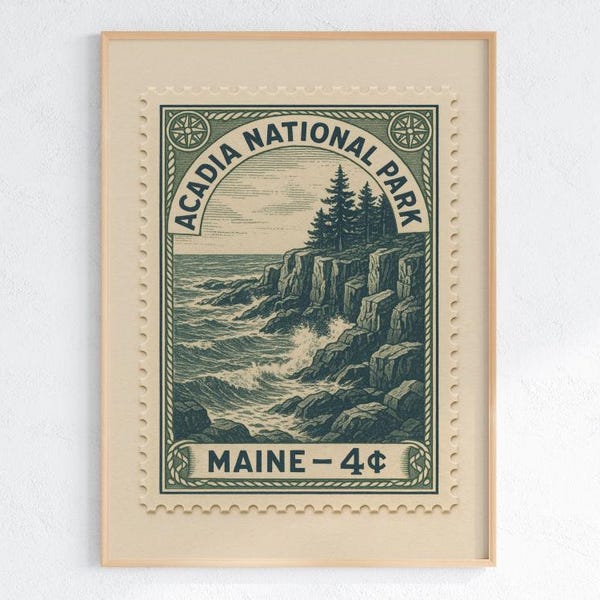 Acadia National Park Vintage Stamp Poster: Maine Coastal Art