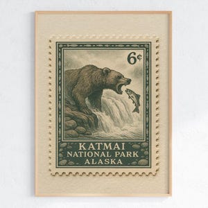 Katmai National Park Stamp Poster – Vintage Bear & Salmon Illustration, Alaska Nature Art Print, Retro National Park Decor