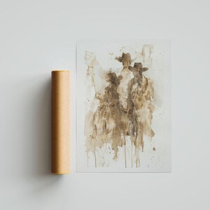 May include: Abstract art print depicting three figures in cowboy hats, in brown and beige tones. The artwork is on a white background, with a rolled-up poster tube beside it.