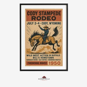 Póster del Rodeo de Cody de 1950: Impresión vintage de Buffalo Bill's Town, arte mural del Rodeo de Wyoming, póster de Cowboy Bronc