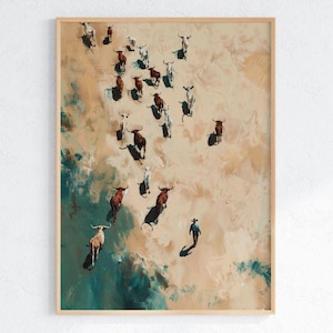 May include: An abstract painting depicting cattle and a cowboy in a desert scene. The artwork shows a herd of brown and white cattle, with a lone cowboy walking in the foreground. The color palette includes shades of brown, beige, and teal.