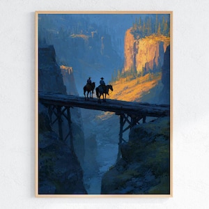 Puede incluir: Una impresión enmarcada que representa a dos jinetes a caballo cruzando un puente de madera sobre un profundo cañón. La escena está bañada por la luz del sol poniente, con imponentes acantilados y exuberante vegetación de fondo. La obra evoca aventura.