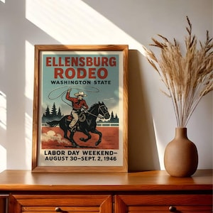 Póster de rodeo de Ellensburg de 1946: arte mural vintage de vaqueros del estado de Washington, decoración del oeste del Día del Trabajo, impresión de rodeo (digital + física)