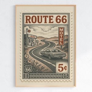Route 66 Vintage Stamp Poster – Retro American Road Trip Art Print – Classic Car & Motel Sign Wall Decor for Highway Travel Lovers