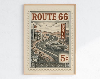 Vintage postzegelposter Route 66 – Retro American Road Trip Art Print – Wanddecoratie klassieke auto en motelbord voor liefhebbers van snelwegreizen