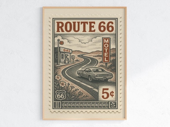 Route 66 Vintage Stamp Poster – Retro American Road Trip Art Print – Classic Car & Motel Sign Wall Decor for Highway Travel Lovers