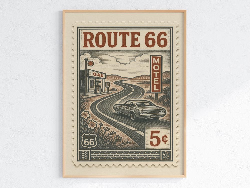 Route 66 Vintage Stamp Poster – Retro American Road Trip Art Print