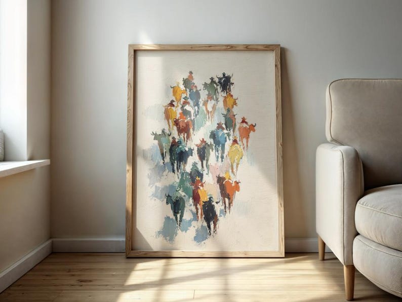 Abstract Cattle Roundup Art Print, Cowboys Herding Wall Decor, Colorful ...