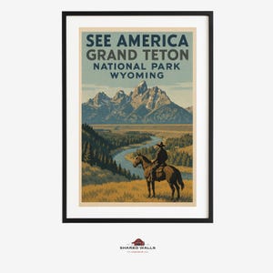 Grand Teton Nationalpark Poster - Vintage WPA Stil Wyoming Berg Druck, Alpine Seen Landschaft Wandkunst, Retro Nationalpark Dekor