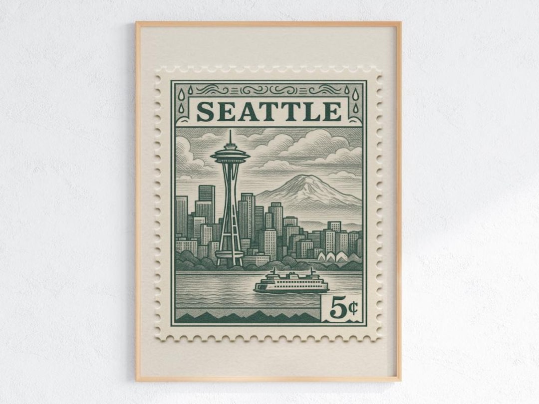 Seattle Vintage Stamp Poster – Retro Washington Travel Print With Space ...