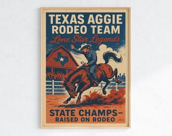 Plakat drużyny rodeo Texas Aggie – wydruk mistrzów stanu Lone Star Legends, sztuka ścienna w stylu westernu, rodeo cyfrowe do pobrania