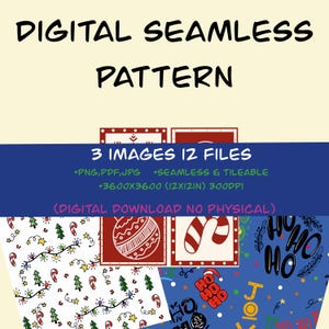 May include: Digital seamless pattern set with Christmas-themed designs. Includes images of ornaments, candy canes, and holiday phrases. The set contains 3 images and 12 files, available in PNG, PDF, and JPG formats. The images are 3600x3600 pixels.