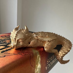 Dekoracja półki na książki przedstawiająca śpiącego złotego smoka inspirowana fantazją o czwartym skrzydle
