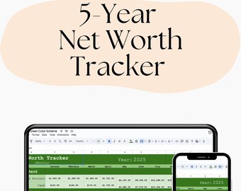 5-Year Net Worth Tracker, Google Sheets Downloadable Template, Customizable Template, Personal Finance Template Download, Green Color